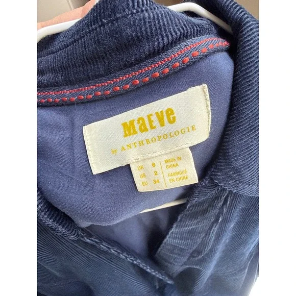 Anthropologie Maeve Navy Corduroy Front Tie Shirt Dress Womens Sz 2 Long Sleeve - Picture 5 of 7